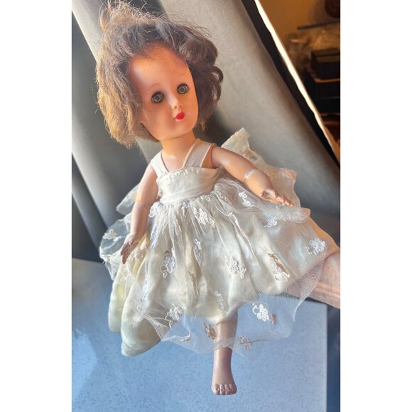 Vintage Effanbee Walker Doll With Moving  Eyes In Lace & Satin Ivory Dress Petti - Picture 14 of 15